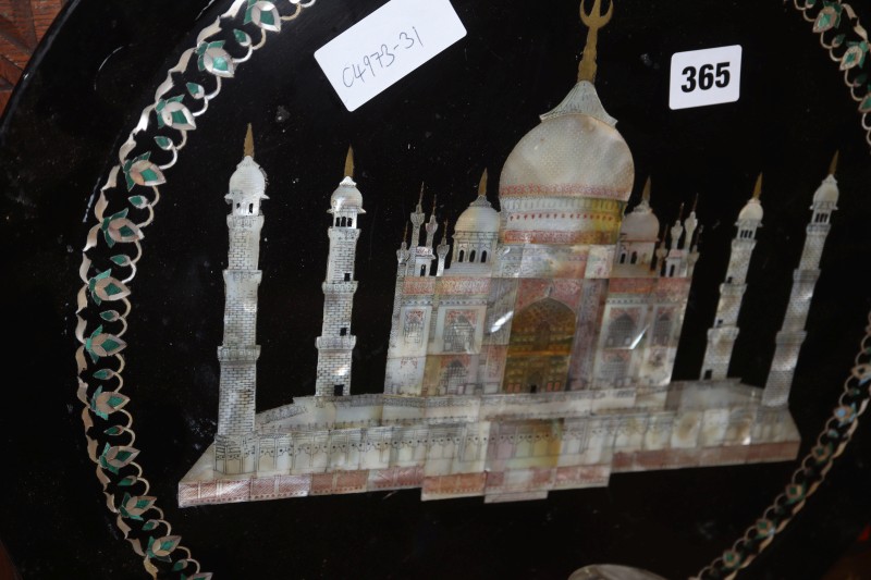 A mother-of-pearl inlaid dish depicting the Taj Mahal with two paintings